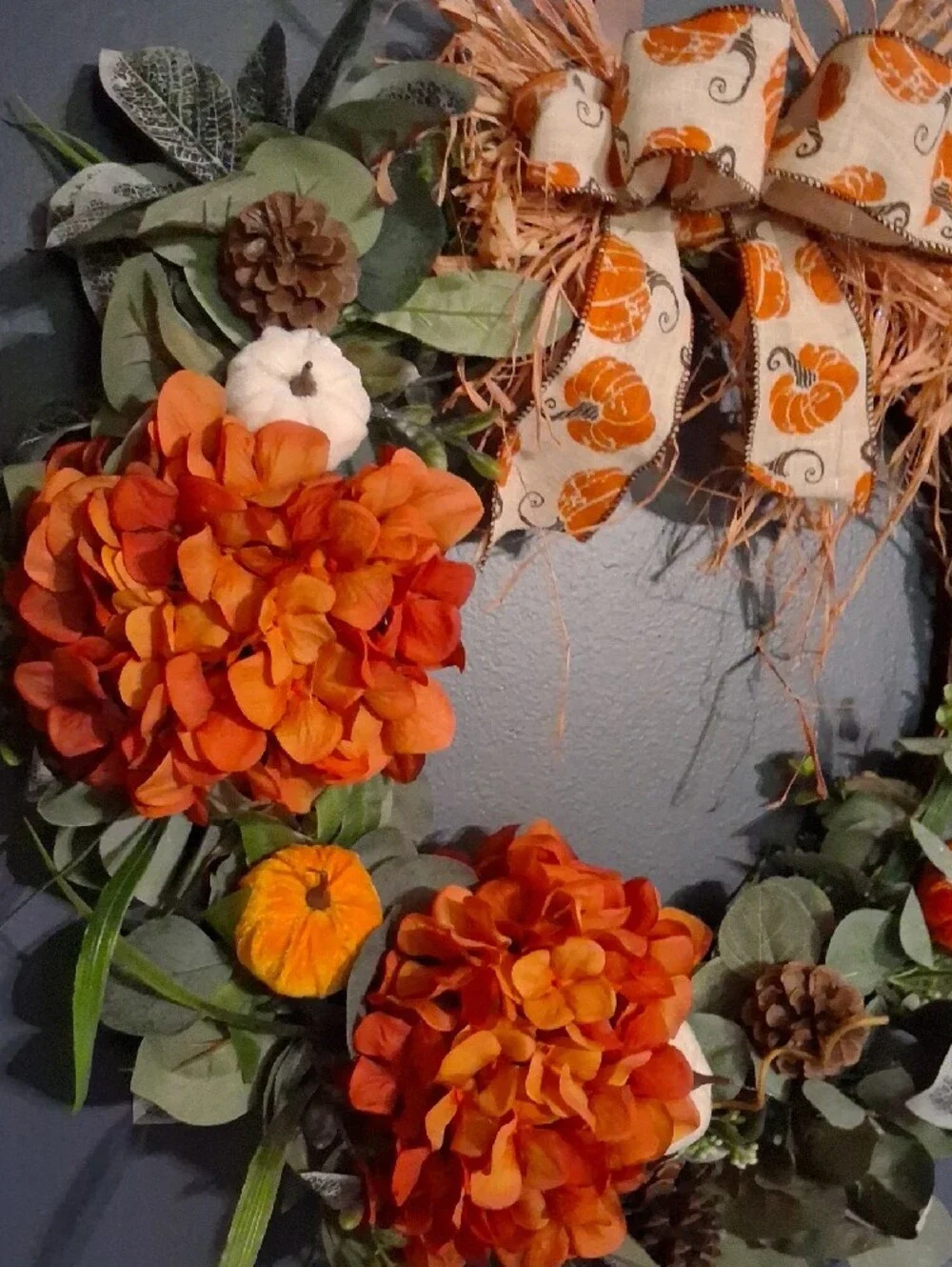Decorative Autumn Floral Wreath with Orange Bow - Home Accents